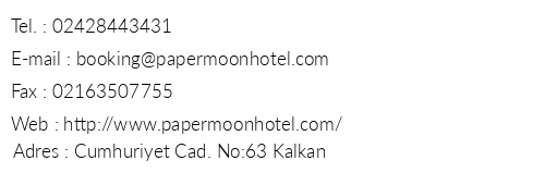 Papermoon Hotel & Apart telefon numaralar, faks, e-mail, posta adresi ve iletiim bilgileri